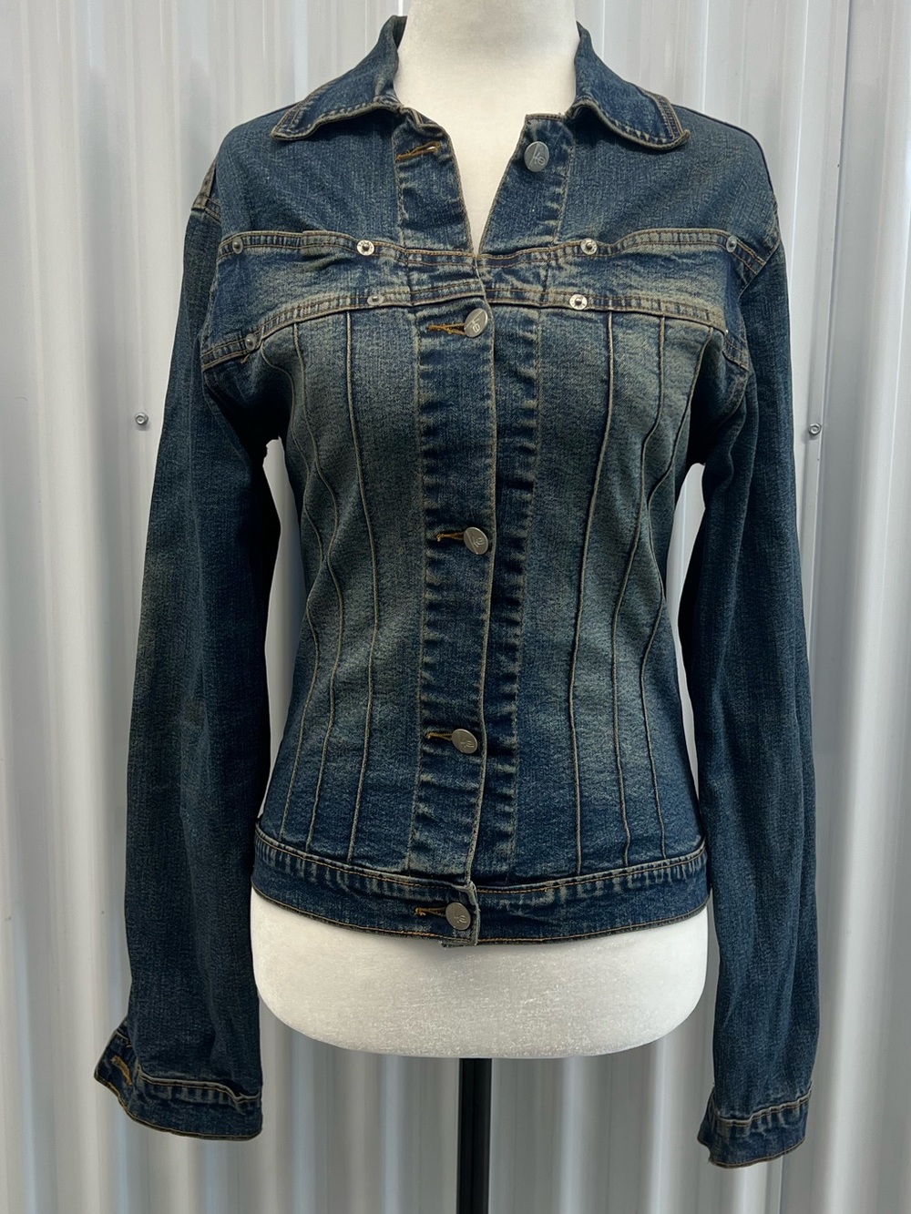 Y2K ribbed Women's Dark Blue Denim Jean Jacket - Fitted Style